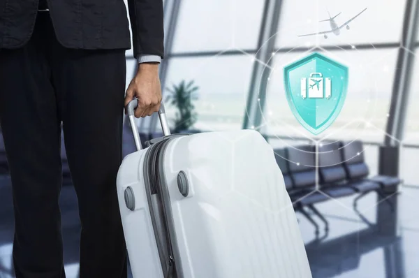 Travel Insurance Shield Protection Travel Virtual Screen Businessman Suitcase Airport — Stock Photo, Image