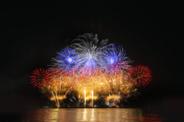 Kara gökyüzü arka planında renkli havai fişekler.