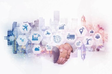 Cityscape arka plan üzerinde işadamı karşılıklı çift pozlama Internet şeyler (çok) nesneleri simge ve Internet ağ kavramı, birbirleri ile bağlan global kablosuz cihazlar ile.
