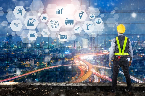 Double exposure of Engineer and safety of the workers with Internet of things (IOT) objects icon and Internet networking concept, Connect global wireless devices with each other.