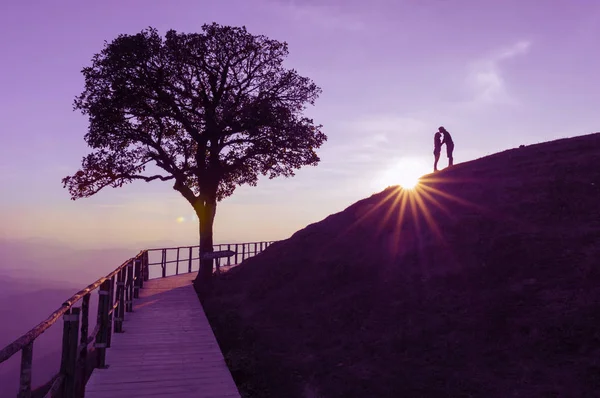 Silhouette Couple Sur Colline Arbre Solitaire Soleil Tombe Derrière Avec — Photo