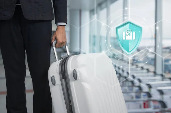 Travel Insurance Shield Protection Travel Virtual Screen Businessman Suitcase Airport — Stock Photo, Image