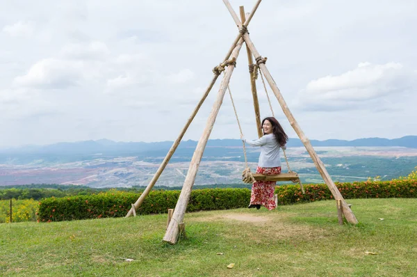 Woman Wearing Red Dress Sitting Swing Clear Day Tung Bua — Stock Photo, Image