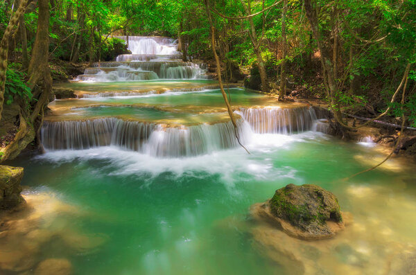 Landscape Huay Mae Kamin waterfall, Srinakarin Dam in Kanchanaburi, Thailand.