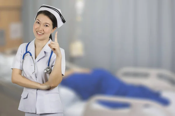 Asian Beautiful Young Nurse White Uniform Background Blur Patient Bed — Stock Photo, Image