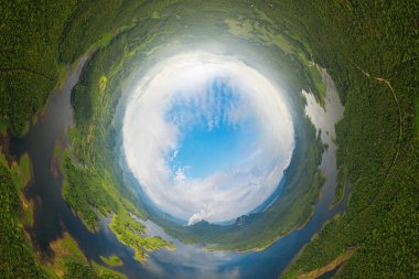 Mae Chang Reservoir ile küçük gezegen 360 derece küre kuşlar göz görünümü, Mae Moh, Lampang, Tayland 