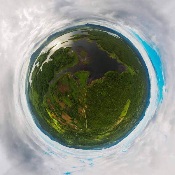 Vista Volo Uccello Del Piccolo Pianeta Sfera 360 Gradi Con — Foto Stock