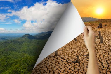 Change concept, Hand turning drought page revealing Nature landscape, changing reality, hope inspiration to environmental protection and environmental campaign. clipart