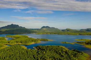 Tayland 'ın kuzeyindeki dağ sırasının üzerinde güzel hava manzarası sabah sisli güzel yağmur ormanı manzarası..