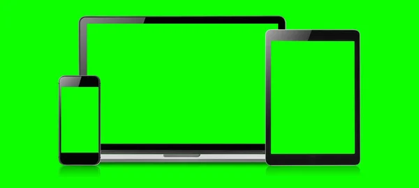 Mockup Image Laptop Tablet Mobile Blank Green Screen Vertical Position — Stock Photo, Image