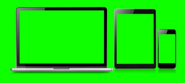 Mockup Image Laptop Tablet Mobile Blank Green Screen Vertical Position — Stock Photo, Image