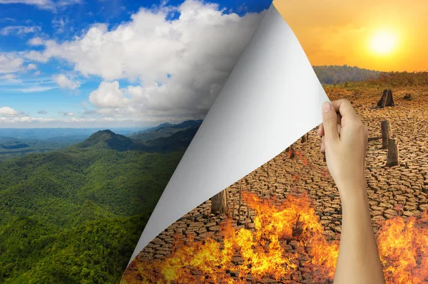 Change Concept Hand Turning Pollution Wildfire Page Revealing Nature Landscape — Stock Photo, Image