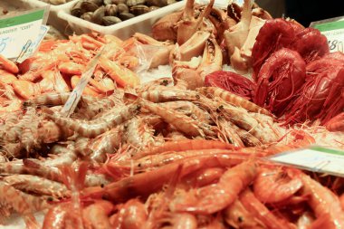 Pazar masasında taze kabuklu deniz ürünleri. Istakoz, langoustine, karides, nefron, karides