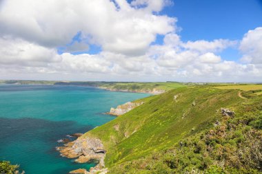 Cornwall, İngiltere 'deki Roseland Yarımadası' ndaki Kasa Sahili 'nin panoramik manzarası