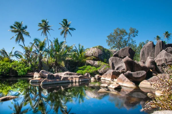 Tropical lake with granite rocks and palm trees