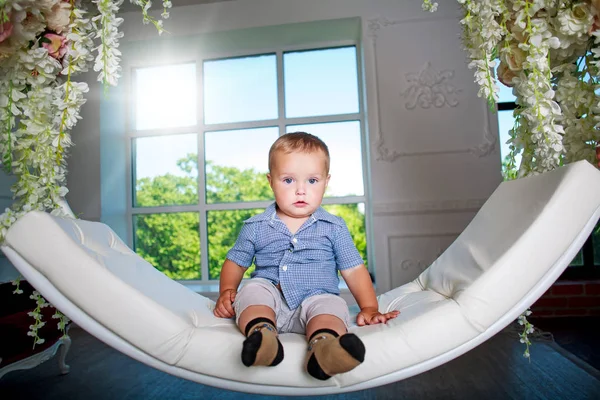 Cute Little Baby Boy Sofa Home Room Sunlight Window — Stock Photo, Image