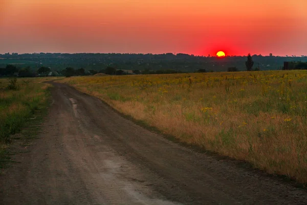 Paisagem Rural Estrada Rural Céu Por Sol — Fotografia de Stock