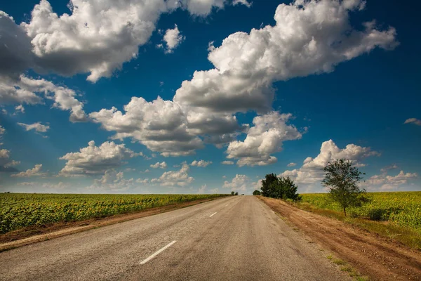 Drammatico Paesaggio Strada Asfaltata Lasciando Nel Cielo Con Nuvole Dietro — Foto Stock