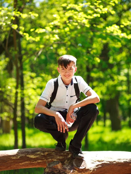 Açık havada yeşil yaz ormandaki bir sırt çantası ile mutlu genç çocuk portresi