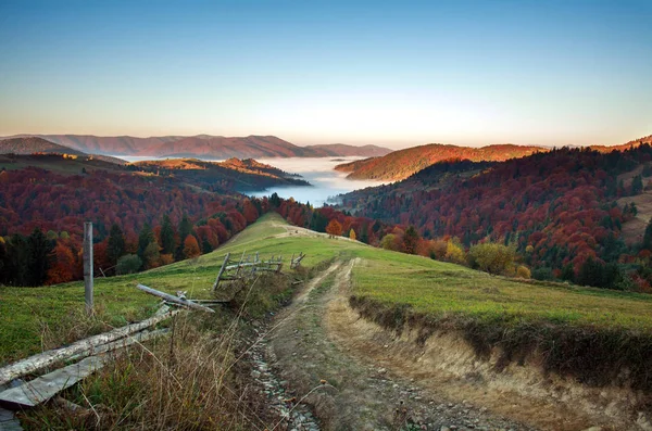 Kırsal Yol Şafak Güzellik Doğada Sis Sonbahar Dağlarında — Stok fotoğraf