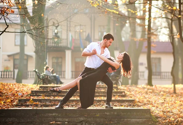 Erkek Kadın Tutkuyla Günbatımında Şehir Parkında Tango Dans Genç Zarif — Stok fotoğraf