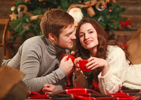 Young Couple Love Together Warm Cozy Home Cup Coffee Winter — Stock Photo, Image