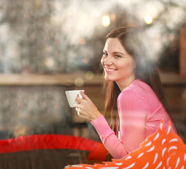 Smiling Dreamy Thoughtful Woman Restaurant Cup Coffee Joyfully Looking Out — Stock Photo, Image