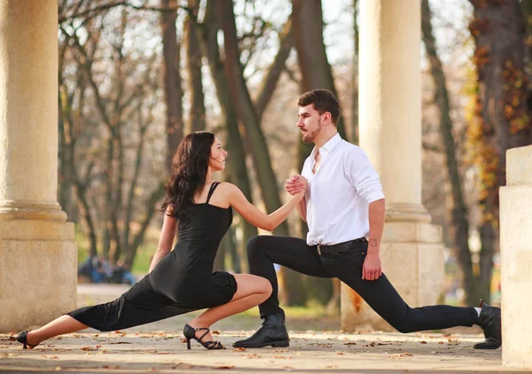 Tutkulu Zarif Genç Çift Latino Dansçıları Tango Parkta Romantik Sportif — Stok fotoğraf