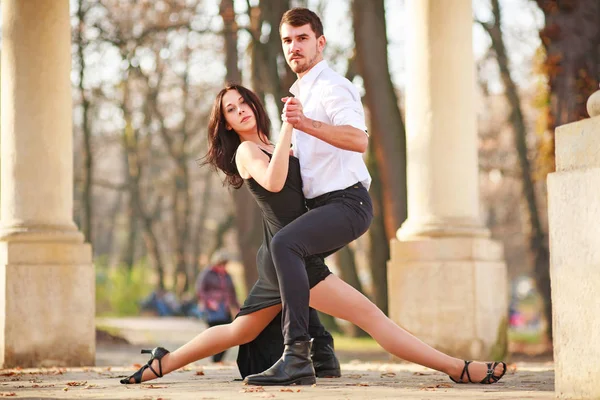 Tutkulu Zarif Genç Çift Latino Dansçıları Tango Parkta Romantik Sportif — Stok fotoğraf