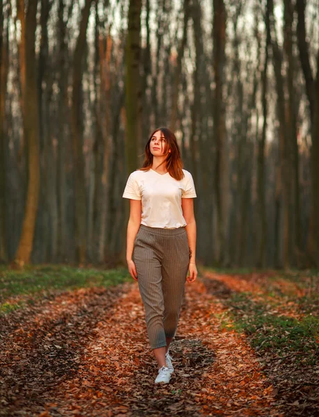 Nachdenkliches Mädchen spaziert bei Sonnenuntergang im Wald herum — Stockfoto