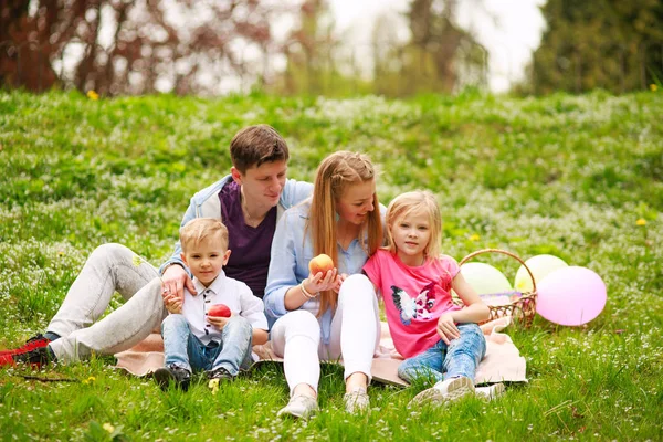 Familia feliz en el picnic en el parque florecido sentado en la hierba, los padres — Foto de Stock