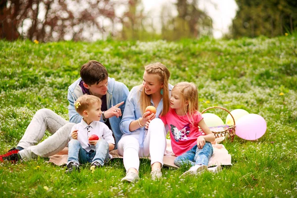 Bonne famille sur le pique-nique dans le parc fleuri assis sur l'herbe, parent — Photo