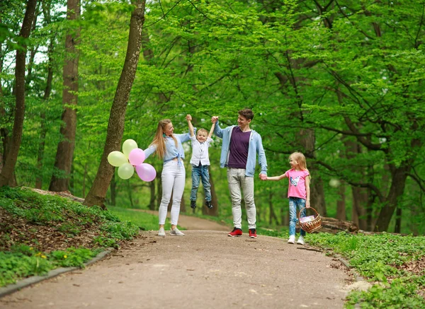 Padre de familia y madre con dos hijos caminando en el parque de verano — Foto de Stock