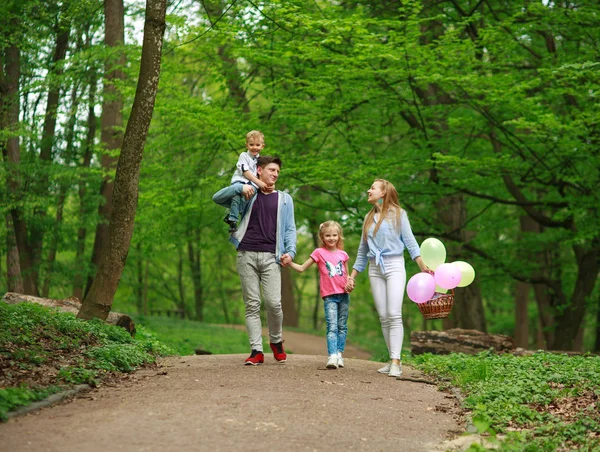 Família pai e mãe com dois filhos andando no parque de verão — Fotografia de Stock