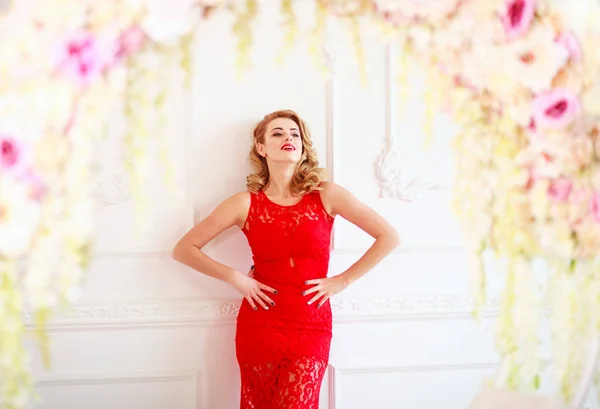 Очаровательная женщина в красном платье позирует в студии на боке фоне — стоковое фото