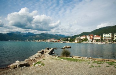 Sahil kasabasında körfez, tekneleri ve yeşil dağlarda evleri var.