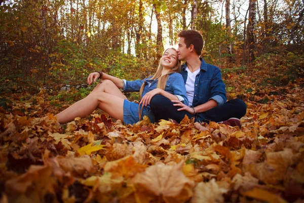 Amar feliz pareja joven en el parque forestal en otoño en la naturaleza —  Fotos de Stock