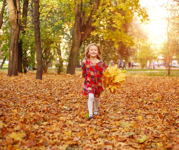 Porträt Eines Glücklichen Freudig Laufenden Kindermädchens Auf Herabgefallenem Gelbem Herbstlaub — Stockfoto