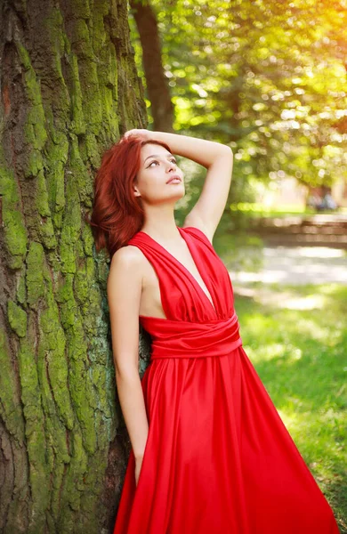 Attractive Young Girl Lady Long Red Dress Summer Forest Park — Stock Photo, Image