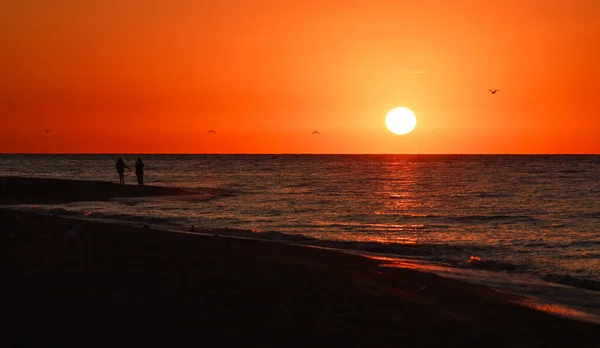 Farbenfroher Und Dramatischer Sonnenaufgang Über Dem Meer Und Dem Sandstrand — Stockfoto