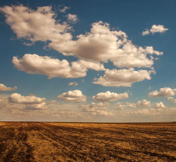 Gökyüzünün Arka Planında Boş Kuru Toprak Tarlaları Bulutlar — Stok fotoğraf