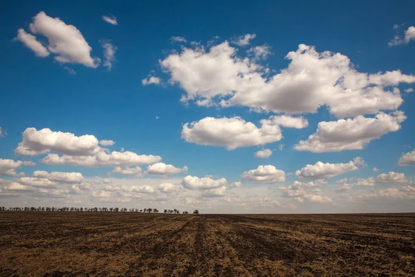 Campo Arado Vazio Solo Seco Fundo Céu Com Nuvens — Fotografia de Stock
