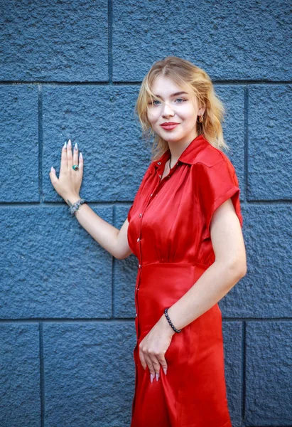 Cheerful Girl Bright Red Dress Background Colorful Wall — Stock Photo, Image