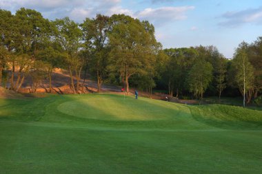 Bahar, yeşil golf sahası, yalnız golfçü. ...