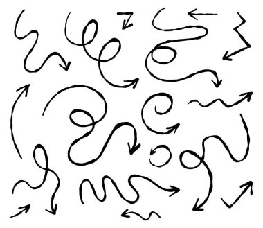 Siyah beyaz oklar çizilmiş. Beyaz üzerine farklı doğrusal işaretler. Ok vektör karalaması. İş planı ve eğitim için ok tasarımı taslağı. 