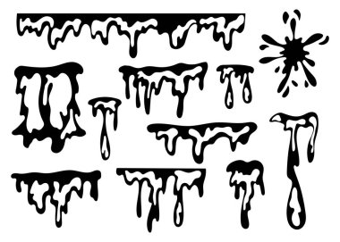 Siyah damlayan boya şekilleri ve beyaz arka planda izole edilmiş sıvı sıçrama silueti koleksiyonu. Korku ve tasarım unsurları için.