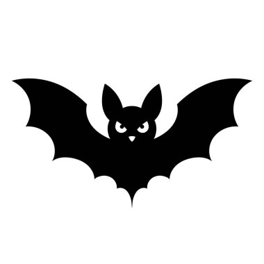 Siyah beyaz bir yarasa silueti. Cadılar Bayramı dekoru. Beyaz arka planda kanatları açık şirin yarasa..