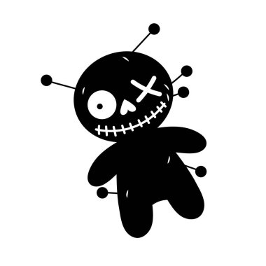 Ürkütücü vudu bebeklerinin siyah silueti. Cadılar Bayramı dekoru. Beyaz arkaplanda büyücülük için sihirli bir araç. 