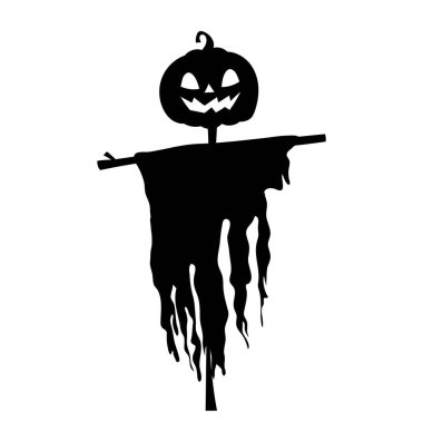 Siyah beyaz bir korkuluk silueti. Korkunç balkabağı kafa. Cadılar Bayramı karakteri. Kartlar, posterler, dükkan veya pencere için şenlikli dekoratif öğe.