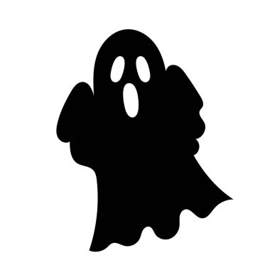 Beyaz arka planda siyah bir hayalet. Cadılar Bayramı için şenlik kutlaması, davetiyeler, posterler veya pencereler.